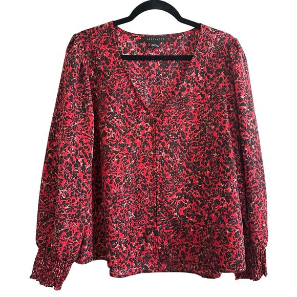 SANCTUARY Anthropologie Red Leopard Animal Print Smocked Cuff Blouse - Sz L - Picture 1 of 6